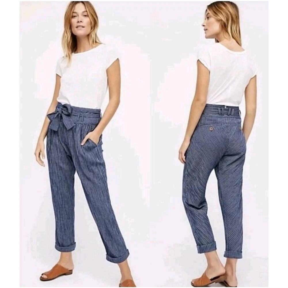 Free People Rumors Paperbag Harem Pants Blue Striped High Rise Boho Coastal 8